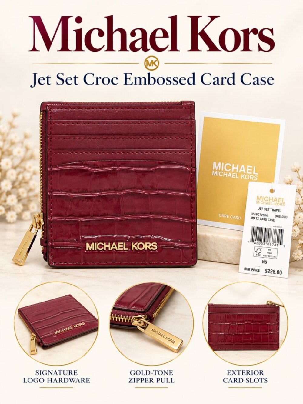 Michael Kors Jet Set Croc Embossed Zip Card Case Oxblood